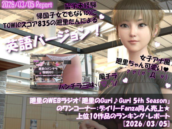 【▲20】英語★廻里の自撮りWEBラジオ『廻里のGuriGuri（グリグリ）5thシーズン』のワンコーナー:デイリーFanza同人売上★上位10作品のランキング・レポート［2026/03/05］  エロ画像742300